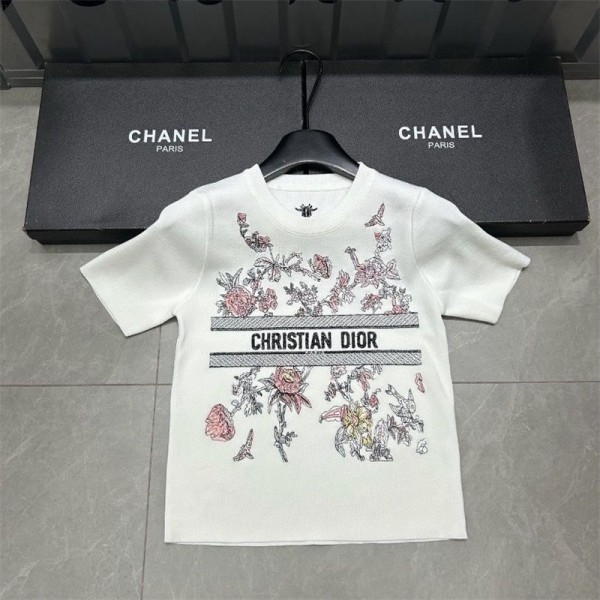 Dior ディオールニットtシャツハイブランドリブニット サマーセーター レディース 半袖 ニット セーター トップス カットソー リブ おしゃれ かわいい 無地 シンプル