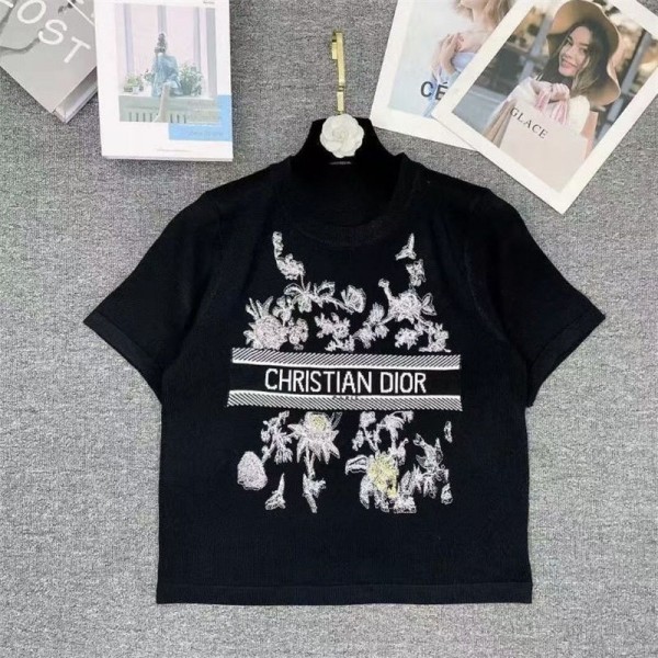 Dior ディオールニットtシャツハイブランドリブニット サマーセーター レディース 半袖 ニット セーター トップス カットソー リブ おしゃれ かわいい 無地 シンプル
