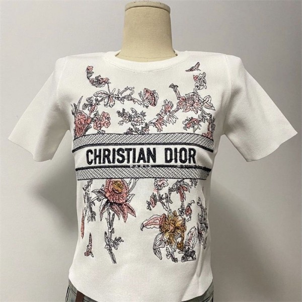 Dior ディオールニットtシャツハイブランドリブニット サマーセーター レディース 半袖 ニット セーター トップス カットソー リブ おしゃれ かわいい 無地 シンプル