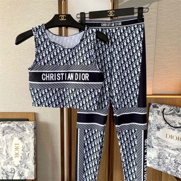 Dior ディオールブランドヨガウェア スポーツウェア 上下セット トレーニングウェア スポーツブラ S - XL ハイウエスト ヨガパンツ レギンス タイツ レディース フィットネスウェア カップ付き おしゃれ 通気性