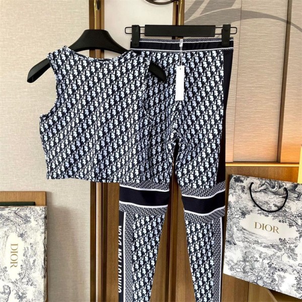 Dior ディオールブランドヨガウェア スポーツウェア 上下セット トレーニングウェア スポーツブラ S - XL ハイウエスト ヨガパンツ レギンス タイツ レディース フィットネスウェア カップ付き おしゃれ 通気性