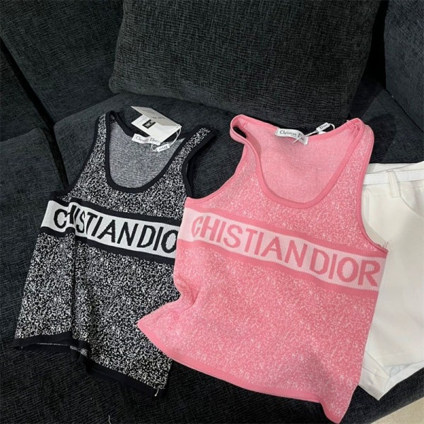 Dior ディオールブランドタンクトップ ニット レディース ショート丈 薄手 インナー ノースリーブ 重ね着 カットソー トップス リブ キャミソール  柔らかい 部屋着 春 夏 秋