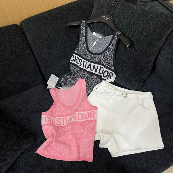 Dior ディオールブランドタンクトップ ニット レディース ショート丈 薄手 インナー ノースリーブ 重ね着 カットソー トップス リブ キャミソール  柔らかい 部屋着 春 夏 秋