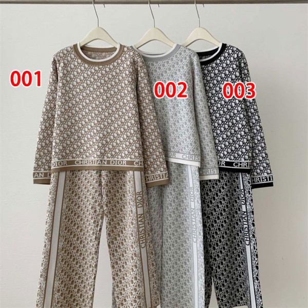 Dior ディオールハイブランドレディース ニット 2点セット セットアップ 上下セット S - 2XL ニットセーター ニットトップス ワイドパンツ バイカラー パンツスーツ ファッション カジュアル 可愛い レトロ 通勤 通学 秋冬