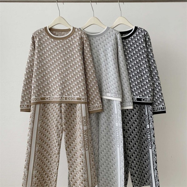 Dior ディオールハイブランドレディース ニット 2点セット セットアップ 上下セット S - 2XL ニットセーター ニットトップス ワイドパンツ バイカラー パンツスーツ ファッション カジュアル 可愛い レトロ 通勤 通学 秋冬