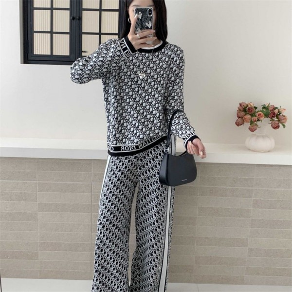 Dior ディオールハイブランドレディース ニット 2点セット セットアップ 上下セット S - 2XL ニットセーター ニットトップス ワイドパンツ バイカラー パンツスーツ ファッション カジュアル 可愛い レトロ 通勤 通学 秋冬