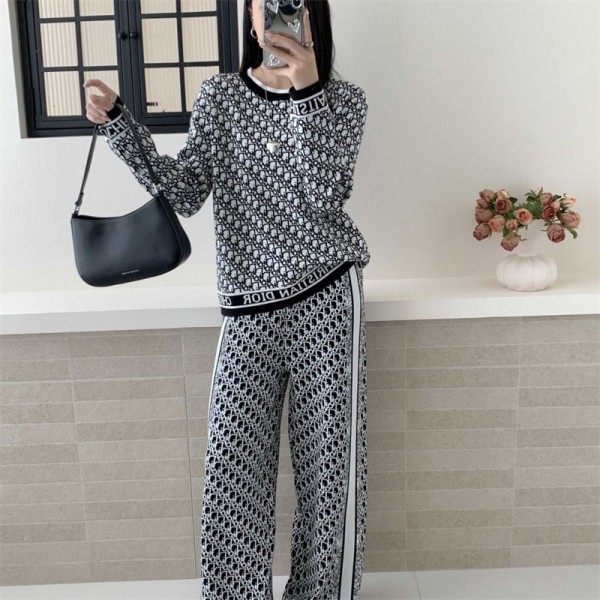 Dior ディオールハイブランドレディース ニット 2点セット セットアップ 上下セット S - 2XL ニットセーター ニットトップス ワイドパンツ バイカラー パンツスーツ ファッション カジュアル 可愛い レトロ 通勤 通学 秋冬