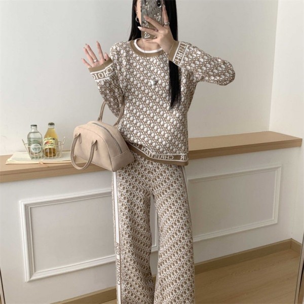 Dior ディオールハイブランドレディース ニット 2点セット セットアップ 上下セット S - 2XL ニットセーター ニットトップス ワイドパンツ バイカラー パンツスーツ ファッション カジュアル 可愛い レトロ 通勤 通学 秋冬