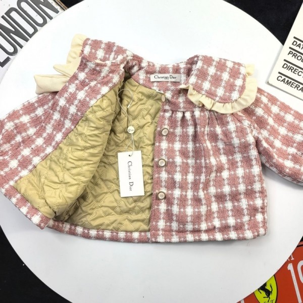 Dior ディオールハイブランド子供服 中綿ジャケット ツイードコート 女の子 防寒アウター キッズ ジュニア 裏綿 春秋 かわいい 上着 カジュアル 90-140cm 軽量 コンパクト