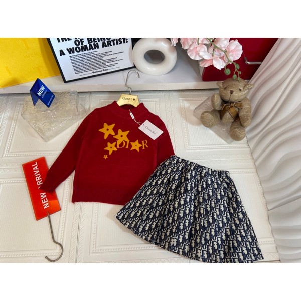 Dior ディオールハイブランド子供服 女の子 セットアップ 長袖 ニット スカート プルオーバー キュロットスカート 上下セット ベビー服 セーター スカート セット 可愛い お洒落 100-150cm
