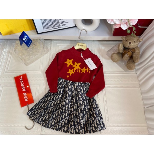 Dior ディオールハイブランド子供服 女の子 セットアップ 長袖 ニット スカート プルオーバー キュロットスカート 上下セット ベビー服 セーター スカート セット 可愛い お洒落 100-150cm