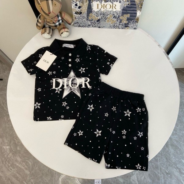 Dior ディオールブランド子供服 夏服 男の子 半袖ポロシャツ+ハーフパンツ2点 綿 ボーイズトップ+パンツ 上下セット 男児 普段着 キッズ カジュアル 洋服 セットアップ 90-150cm