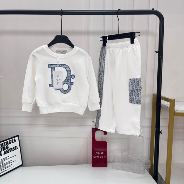 ディオールDior キッズ 2 点セット 長袖スウェットトップス＋カーゴパンツ 総柄ワンポイント ホワイトディオールDior 子供服セットアップ 丸首長袖トップス 総柄ポケット付きロングパンツ 男の子女の子