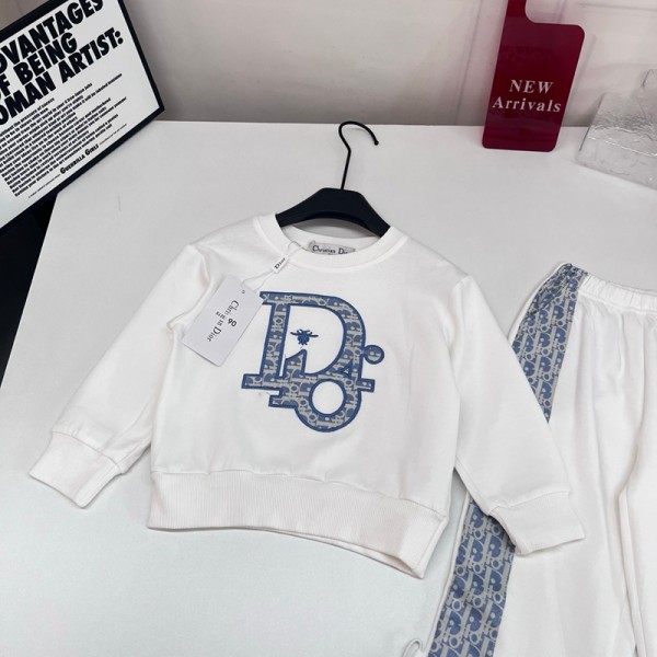 ディオールDior キッズ 2 点セット 長袖スウェットトップス＋カーゴパンツ 総柄ワンポイント ホワイトディオールDior 子供服セットアップ 丸首長袖トップス 総柄ポケット付きロングパンツ 男の子女の子