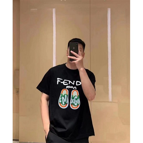 フェンディ tシャツ 半袖 潮流 個性スリッパ柄  ハイブランド FENDI 上着 メンズ 人気 男女向け 丸首 ソフトトップス 柔らかい 着心地よい XS~4XL