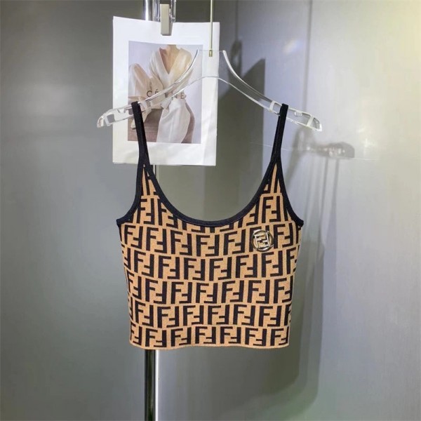 Fendi フェンディブランドショート丈でおへそを出したノースリーブタンクトップニットコットンレディース ニットタンクトップラウンドネックカップニットタンクトップ