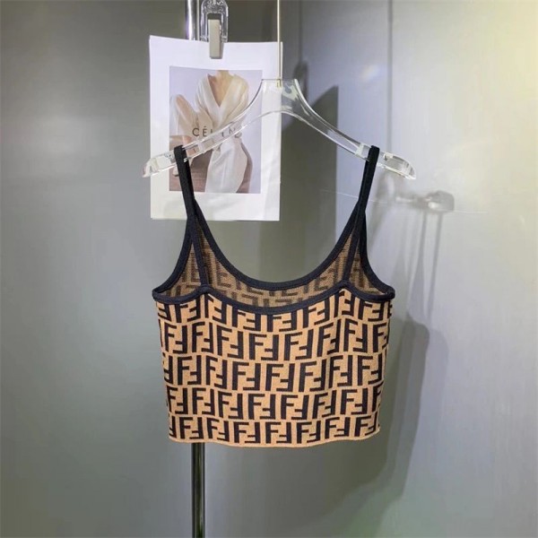 Fendi フェンディブランドショート丈でおへそを出したノースリーブタンクトップニットコットンレディース ニットタンクトップラウンドネックカップニットタンクトップ