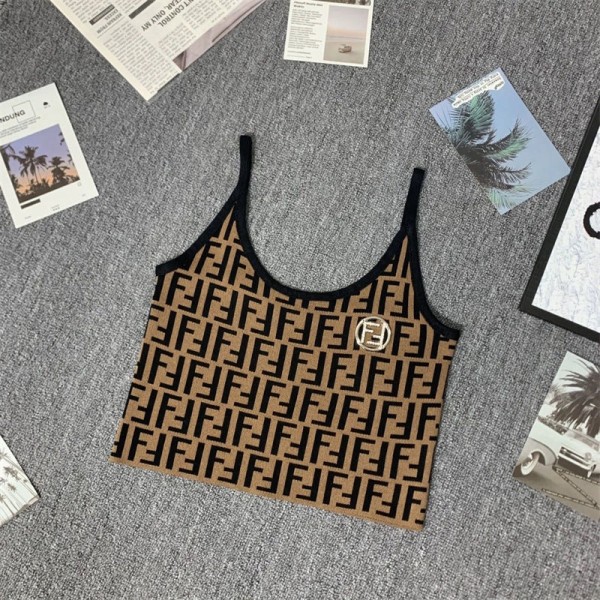 Fendi フェンディブランドショート丈でおへそを出したノースリーブタンクトップニットコットンレディース ニットタンクトップラウンドネックカップニットタンクトップ