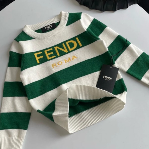 Fendi フェンディブランドニット セーター 学生 カットソー 子供服 女の子 長袖tシャツ 100-150cm キッズ上着 ボーダー仕様 おしゃれ ストライプ 保温 防寒 トップス 可愛い 春 秋 冬 