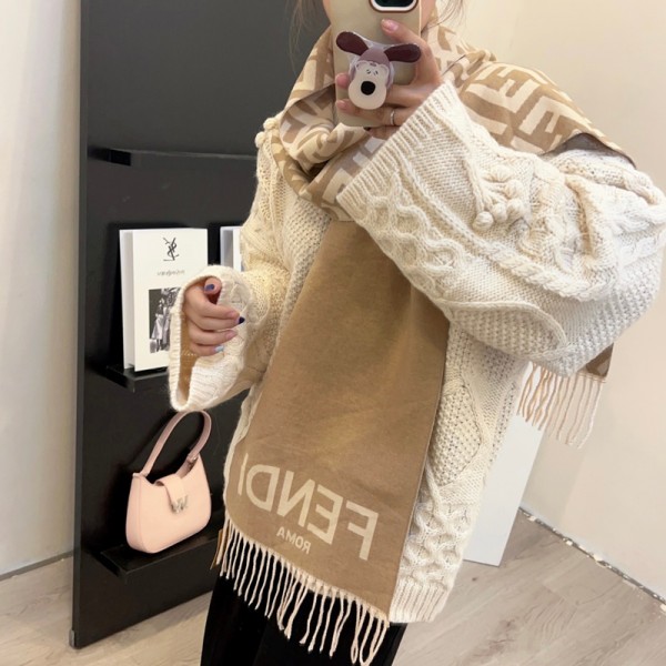 Fendi フェンディハイブランドマフラー レディース 人気 カシミヤタッチ ストール 大判 マフラー ファッション 冬 厚手 両面 使える 学生 誕生日プレゼント フリンジ生地 襟巻き 秋冬定番