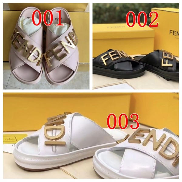 Fendi フェンディブランドレディース サンダル ビーチスリッパ レザーサンダル スリッポン ラバーソール 厚底 クロススリッパ カジュアル 金具ロゴ スリッパ 快適 ウォーキング 225¬270mm