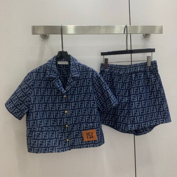 ブランドフェンディ Fendiデニム 夏 セットアップ レディース 上下セット 2点セット ショートパンツ S-L 半袖 デニムパンツ ボタン ポケット付き ゴムウエスト 無地 カジュアル 上品 おしゃれ 韓国 春 秋
