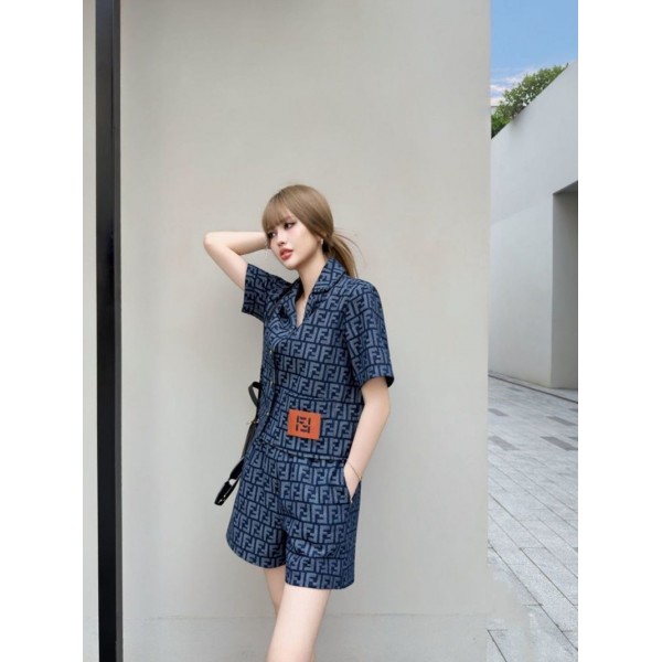 ブランドフェンディ Fendiデニム 夏 セットアップ レディース 上下セット 2点セット ショートパンツ S-L 半袖 デニムパンツ ボタン ポケット付き ゴムウエスト 無地 カジュアル 上品 おしゃれ 韓国 春 秋