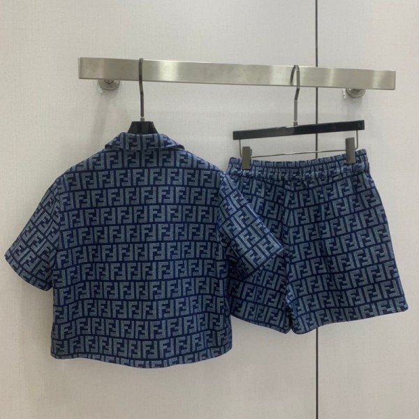 ブランドフェンディ Fendiデニム 夏 セットアップ レディース 上下セット 2点セット ショートパンツ S-L 半袖 デニムパンツ ボタン ポケット付き ゴムウエスト 無地 カジュアル 上品 おしゃれ 韓国 春 秋