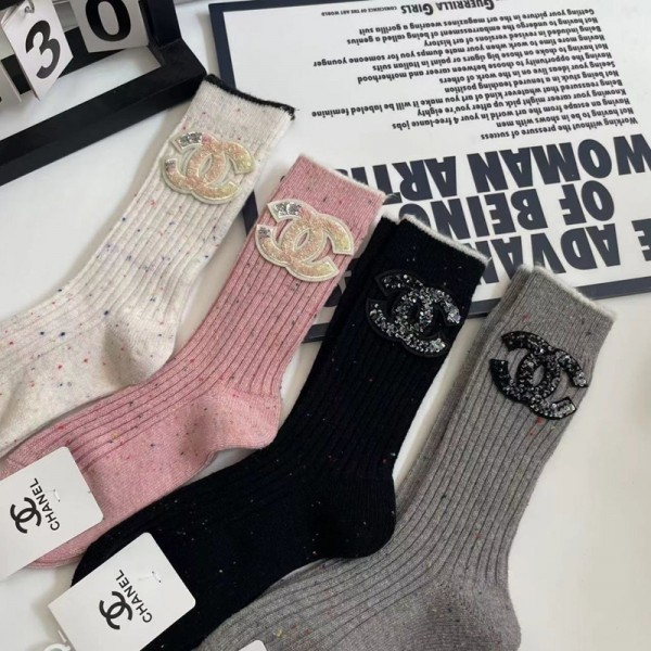 Chanel シャネルハイブランド ソックス スパンコールココマーク ワンポイント リブ編み 中筒 4色 レディース メンズ ブランドソックス おしゃれ くつした