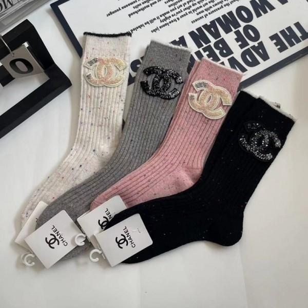 Chanel シャネルハイブランド ソックス スパンコールココマーク ワンポイント リブ編み 中筒 4色 レディース メンズ ブランドソックス おしゃれ くつした