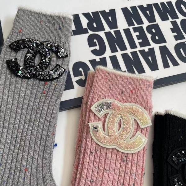 Chanel シャネルハイブランド ソックス スパンコールココマーク ワンポイント リブ編み 中筒 4色 レディース メンズ ブランドソックス おしゃれ くつした