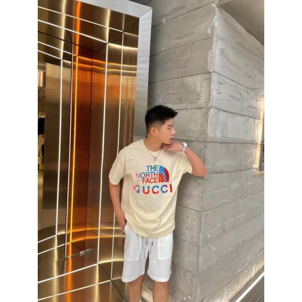 グッチ ザノースフェイス Tシャツ ソフト 丸首 夏 薄 柔らかい GUCCI ブランド 半袖シャツ 高品質 メンスTシャツ カジュアル 綿シャツ 通気性抜群 XS~5XL