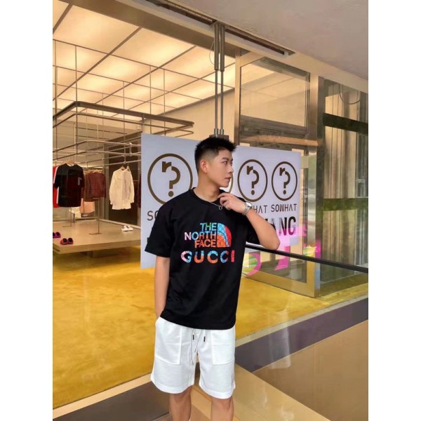 グッチ ザノースフェイス Tシャツ ソフト 丸首 夏 薄 柔らかい GUCCI ブランド 半袖シャツ 高品質 メンスTシャツ カジュアル 綿シャツ 通気性抜群 XS~5XL