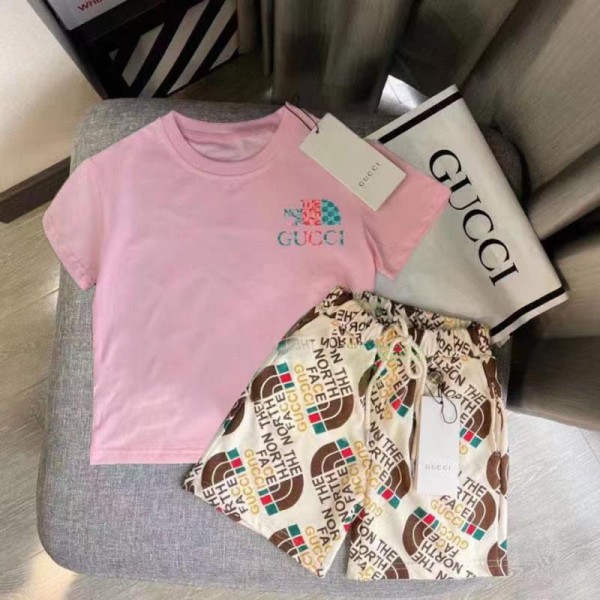 ザノースフェイス グッチ 子供服 コットン製 Ｔシャツ gucci  ハーフパンツ the north face 上下セット シンプル 上品 スポーツ 夏 プリント柄 お洒落 半袖シャツ 半ズボン短パン 2枚組み夏セット 6色