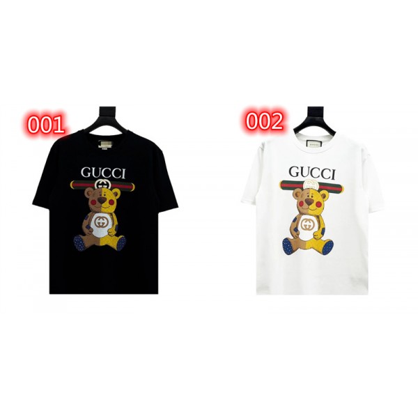 ハイブランド グッチ Tシャツ 黒白 ペア服 メンズ 上着 可愛い クマ柄 ペアルック オシャレGucci レディース 半袖 トップス 大きいサイズ カジュアル 男女通用 着心良い S~5XL