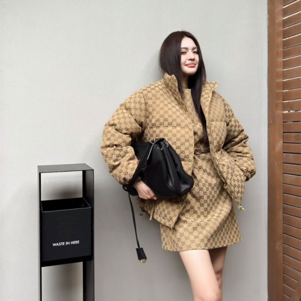 Gucci グッチブランド中綿ジャケット ショート丈 立ち襟 ダウンジャケット ボリューム感 あたたかい ファッション チェック柄 ショートコート 綿入りジャケット 韓国風 S - L