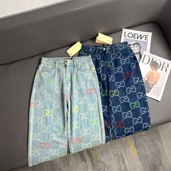 グッチ ジーンズ メンズ 大きいサイズ ズボン Gucci デニムパンツ ワイドパンツ ゆったり イージーパンツ ストリート系 バギーパンツ 柔らかい肌触り ポケット付き GGジャガード柄 カジュアル 春夏秋冬