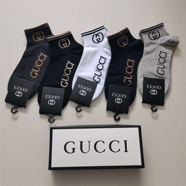 Gucci グッチレディース向け 靴下 かわいいコットン 靴下 メンズ 通気性上質な コットン ソックス くつしたブランドソックス 男女兼用 ファッション 5足セット