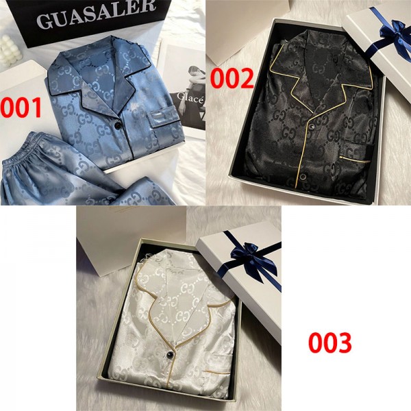 ブランド Gucci パジャマ 上下セット グッチ半袖ルームウェア 春 秋 夏 シルク調サテン地 前開き 快適 M - 2XL 肌に優しい メンズ レディース 襟付き ルームウェア 入院着 部屋着 寝間着 トップス ボトムス