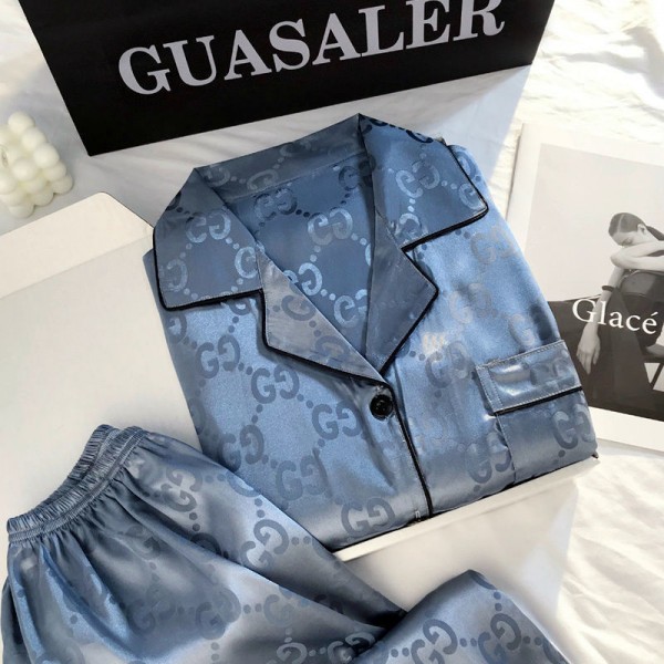ブランド Gucci パジャマ 上下セット グッチ半袖ルームウェア 春 秋 夏 シルク調サテン地 前開き 快適 M - 2XL 肌に優しい メンズ レディース 襟付き ルームウェア 入院着 部屋着 寝間着 トップス ボトムス