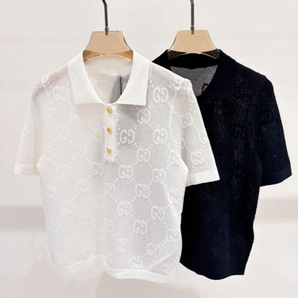 Gucci グッチブランドポロシャツ レディース Tシャツ トップス 襟付き プルオーバー Vネック S - 2XL カットソー 半袖 ティーシャツ トップス 可愛い ワッフル 夏服 ゆったり シンプル カジュアル 薄手 着痩せ 普段着 通勤 春夏