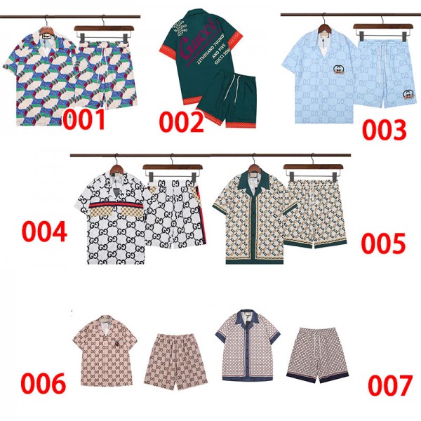 Gucci グッチブランド夏 アロハシャツ メンズ セットアップ 半袖シャツ ショートパンツ S - 5XL 2点セット 花柄 Tシャツ ハーフパンツ 上下セット メンズ プリント ハワイシャツ 夏 ビーチ ハワイアン カップル トップス リゾート スタイル レジャー ウェア