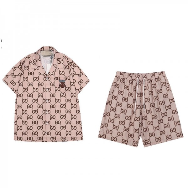 Gucci グッチブランド夏 アロハシャツ メンズ セットアップ 半袖シャツ ショートパンツ S - 5XL 2点セット 花柄 Tシャツ ハーフパンツ 上下セット メンズ プリント ハワイシャツ 夏 ビーチ ハワイアン カップル トップス リゾート スタイル レジャー ウェア