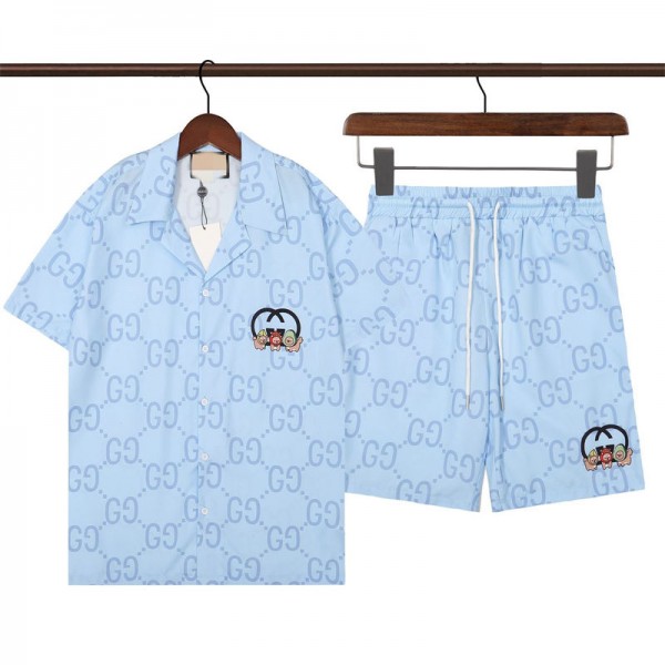 Gucci グッチブランド夏 アロハシャツ メンズ セットアップ 半袖シャツ ショートパンツ S - 5XL 2点セット 花柄 Tシャツ ハーフパンツ 上下セット メンズ プリント ハワイシャツ 夏 ビーチ ハワイアン カップル トップス リゾート スタイル レジャー ウェア