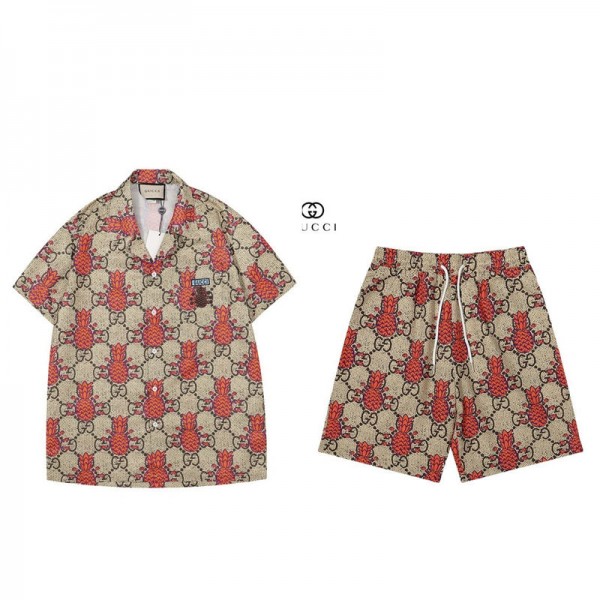 Gucci グッチブランドアロハシャツ 上下セット アロハシャツ メンズ レディース 夏 ビーチシャツ 速乾 ポリエステル UVカット 半袖シャツ S- 5XL ビーチ 夏祭り ゆったり 薄手 軽量 爽やか 通気 旅行 男女兼用