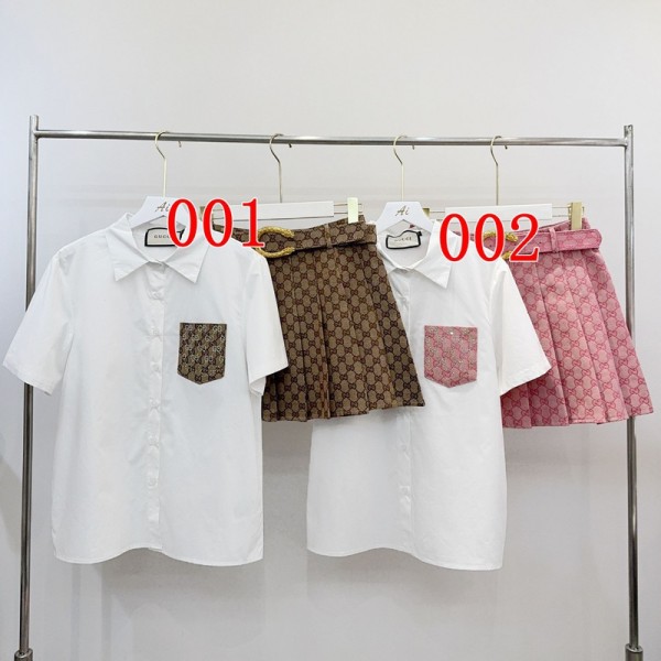 Gucci グッチブランドレディース 半袖シャツ+ハイウエストプリーツミニスカート 2点セット GG総柄ポケット付き ベルト付き S-L 春夏セットアップ きれいめ カジュアル デート 通勤