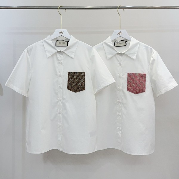 Gucci グッチブランドレディース 半袖シャツ+ハイウエストプリーツミニスカート 2点セット GG総柄ポケット付き ベルト付き S-L 春夏セットアップ きれいめ カジュアル デート 通勤