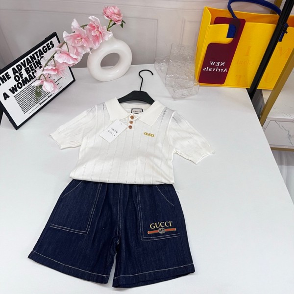 ブランドGucci グッチ子供服 男の子 夏服 セットアップ キッズ 半袖 ニットポロシャツ デニムショートパンツ 上下 2点セット お洒落 ワンポイント ジャージ カジュアル 90-150cm