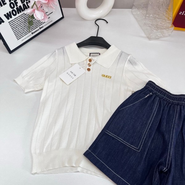 ブランドGucci グッチ子供服 男の子 夏服 セットアップ キッズ 半袖 ニットポロシャツ デニムショートパンツ 上下 2点セット お洒落 ワンポイント ジャージ カジュアル 90-150cm