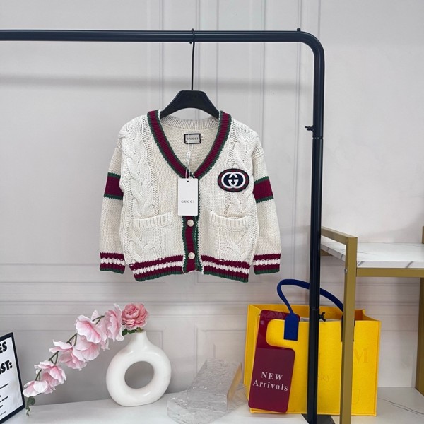 グッチGUCCI 子供服春秋アウター グッチGUCCI キッズ ケーブル編み V ネックカーディガン カラーライン 子供ニット 男女兼用